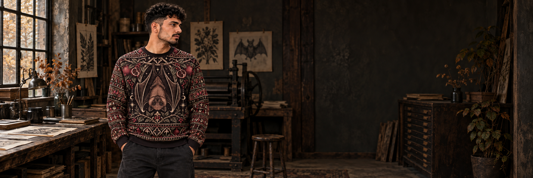 Gothic bat sweatshirt in a dark print studio
