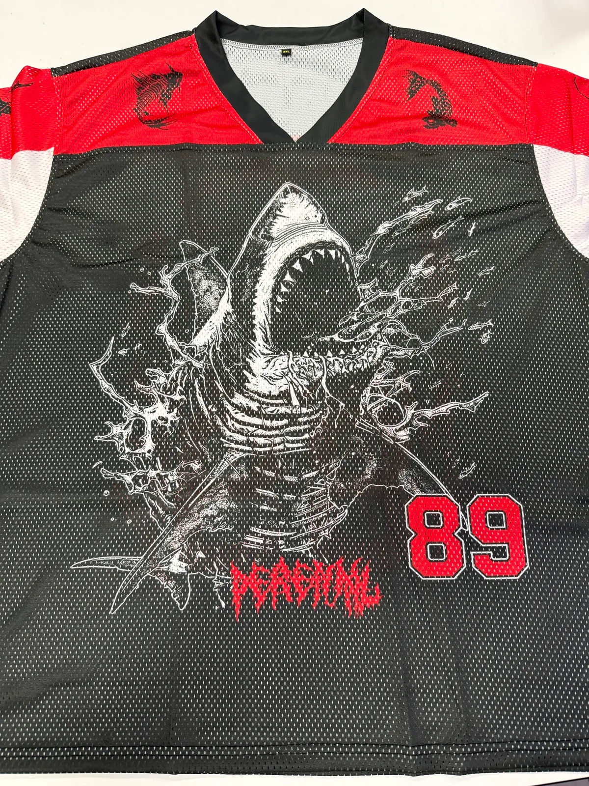 Shark Rampage Mesh Jersey real product photo, front shark skeleton graphic and number 89