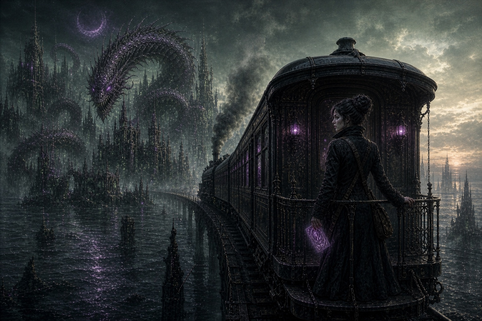 Mara Vale standing on the rear platform of a northbound train as the dragon remains above Veyra at dawn