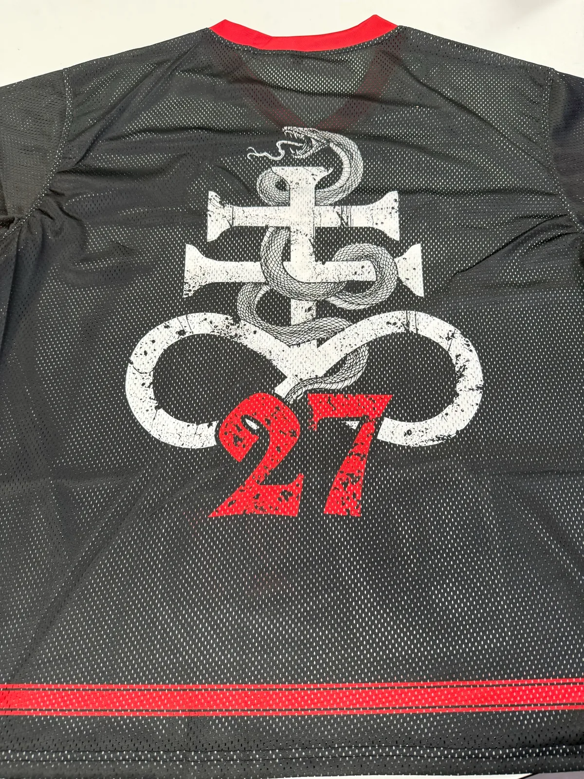 Eyes Are Useless 27 Mesh Jersey real product photo, back serpent graphic and number 27