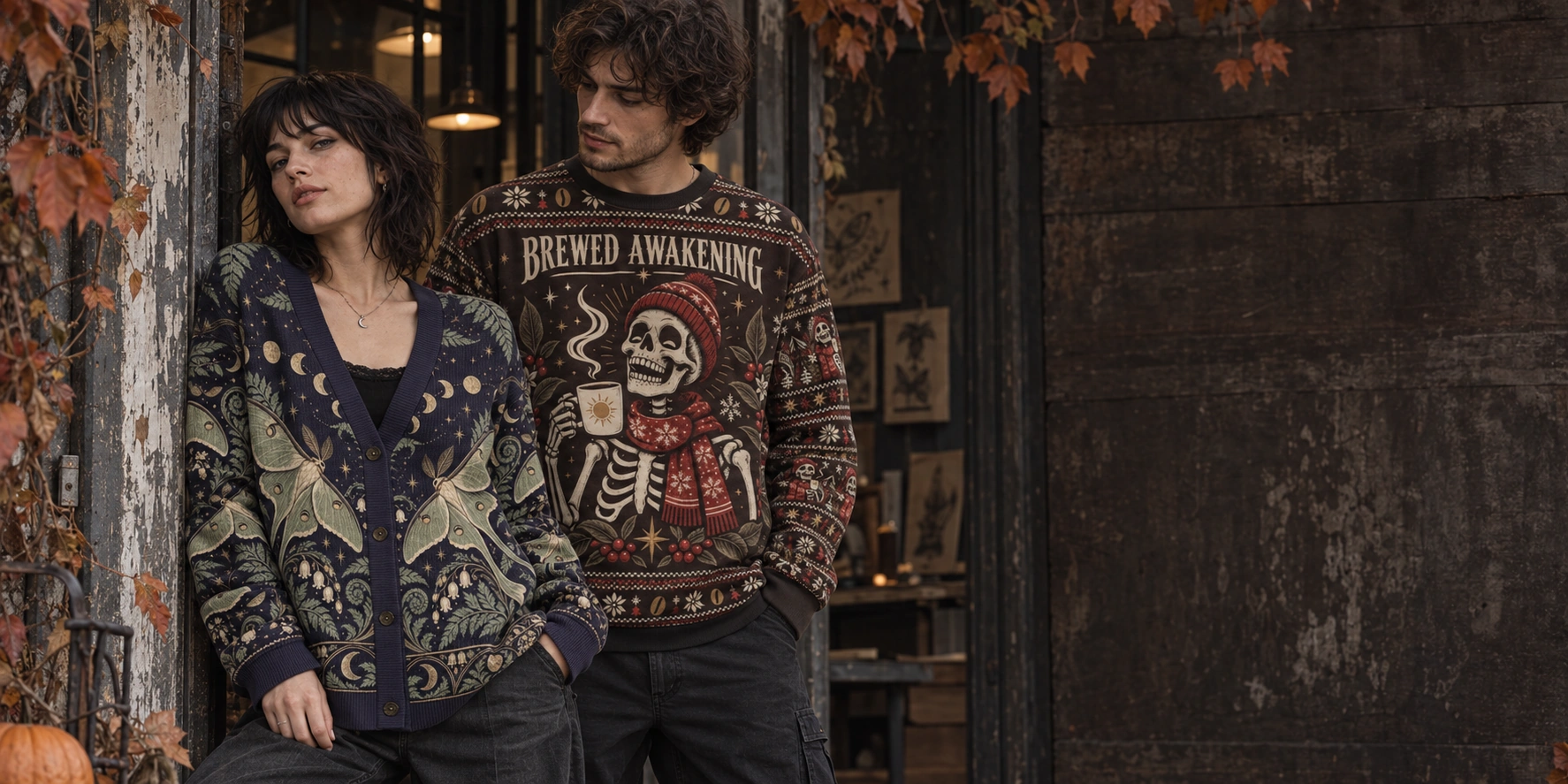 Moth cardigan and Brewed Awakening crewneck styled outside an autumn print studio