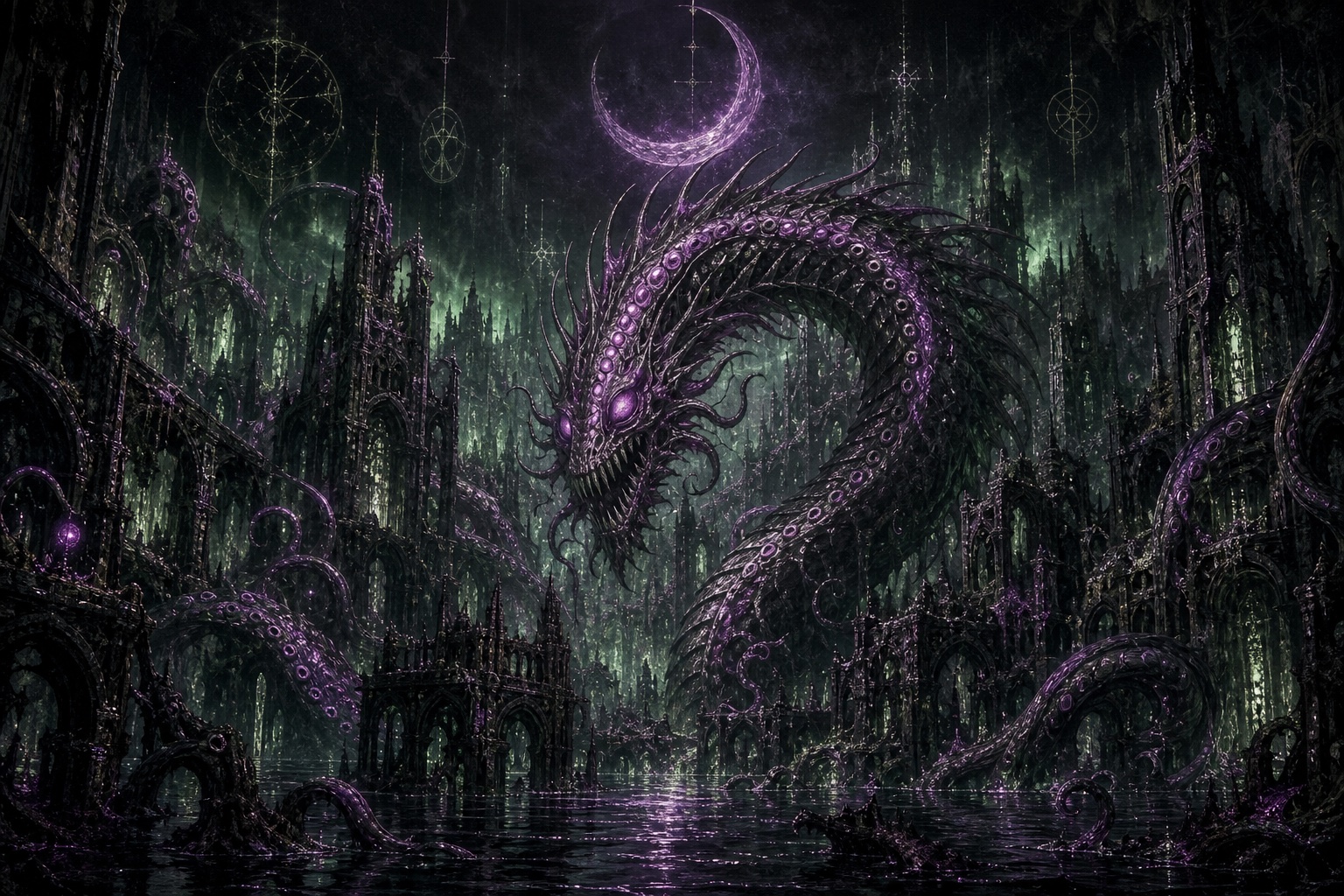 The Dragon of Unchosen Hours above the drowned Gothic city of Veyra