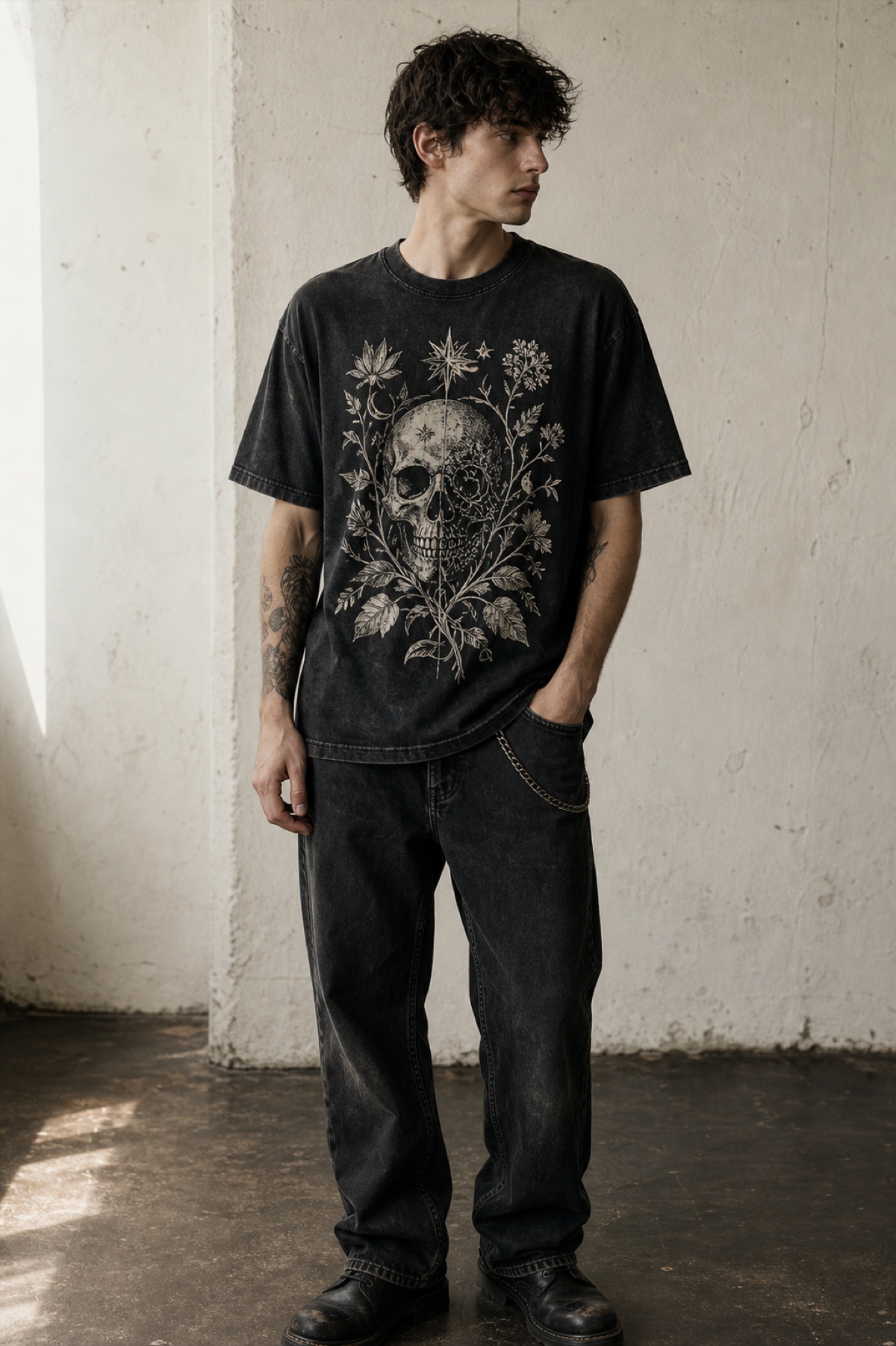 Model wearing a black washed graphic T-shirt in a studio outfit
