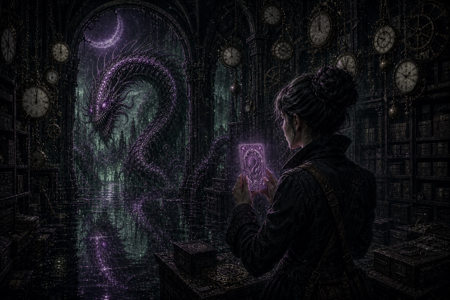 Mara Vale holding a luminous tarot card in the flooded Archive Room Nine while the dragon watches from a Gothic arch
