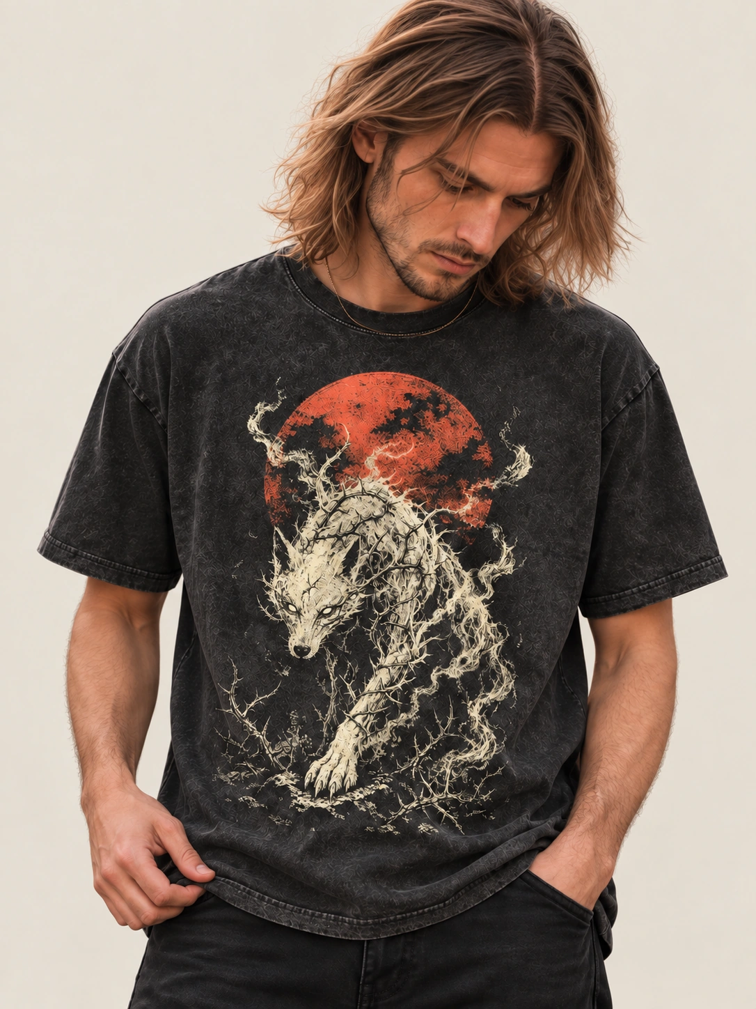 Ancient Tree Spirit beneath Red Moon Washed T-Shirt — styling reference