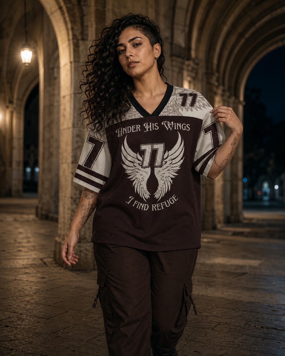 Under His Wings I Find Refuge 77 Mesh Jersey — Paradoxworn studio model styling concept