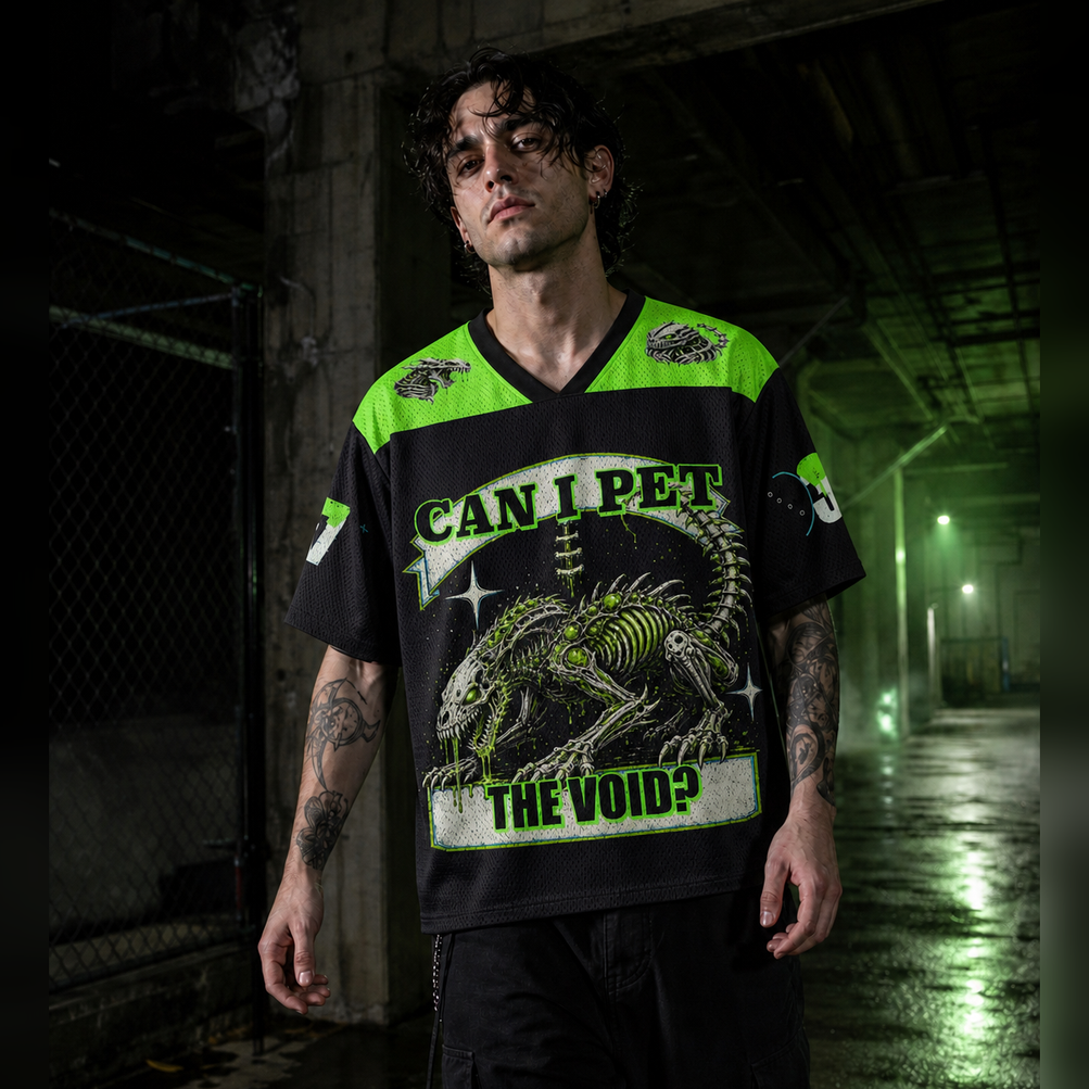 Can I Pet the Void? 13 Mesh Jersey worn by a model, showing the lightweight polyester mesh texture
