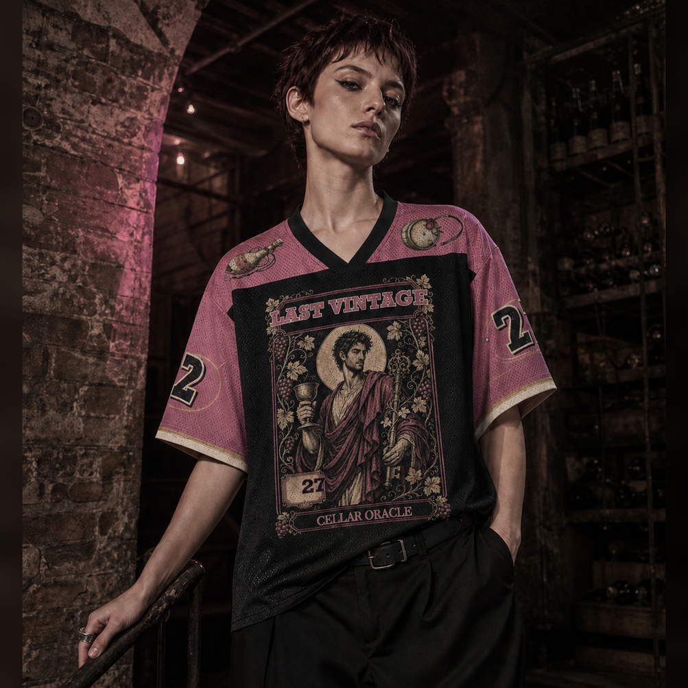 Last Vintage Cellar Oracle 27 Mesh Jersey worn by a model, showing the lightweight polyester mesh texture