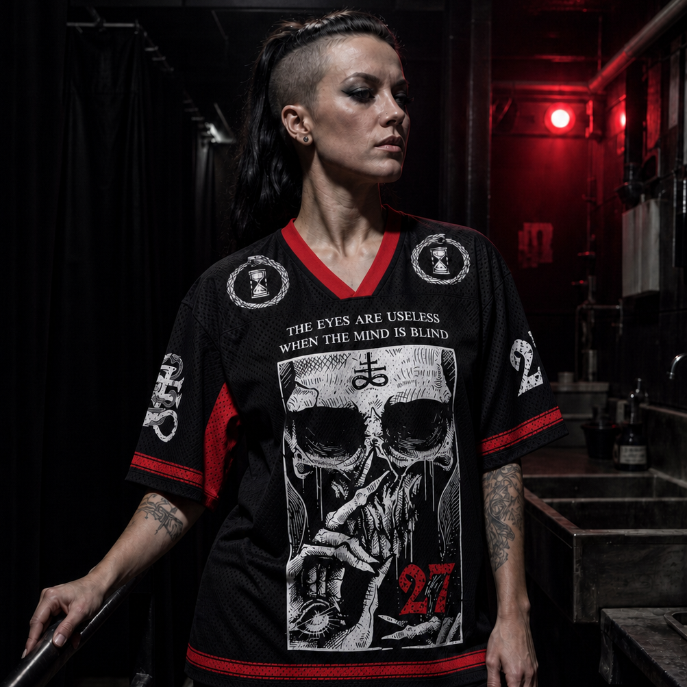 Eyes Are Useless 27 Mesh Jersey worn by a model, showing the lightweight polyester mesh texture
