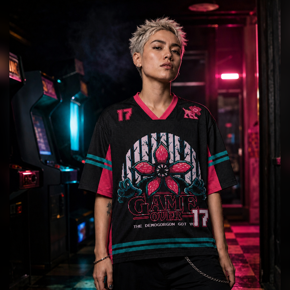 Game Over 17 Mesh Jersey worn by a model, showing the lightweight polyester mesh texture