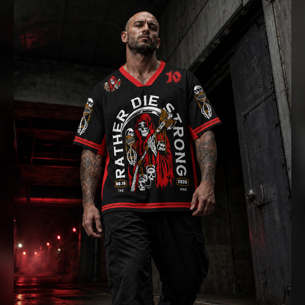 Rather Die Strong — 10th Legion Mesh Jersey worn by a model, showing the lightweight polyester mesh texture