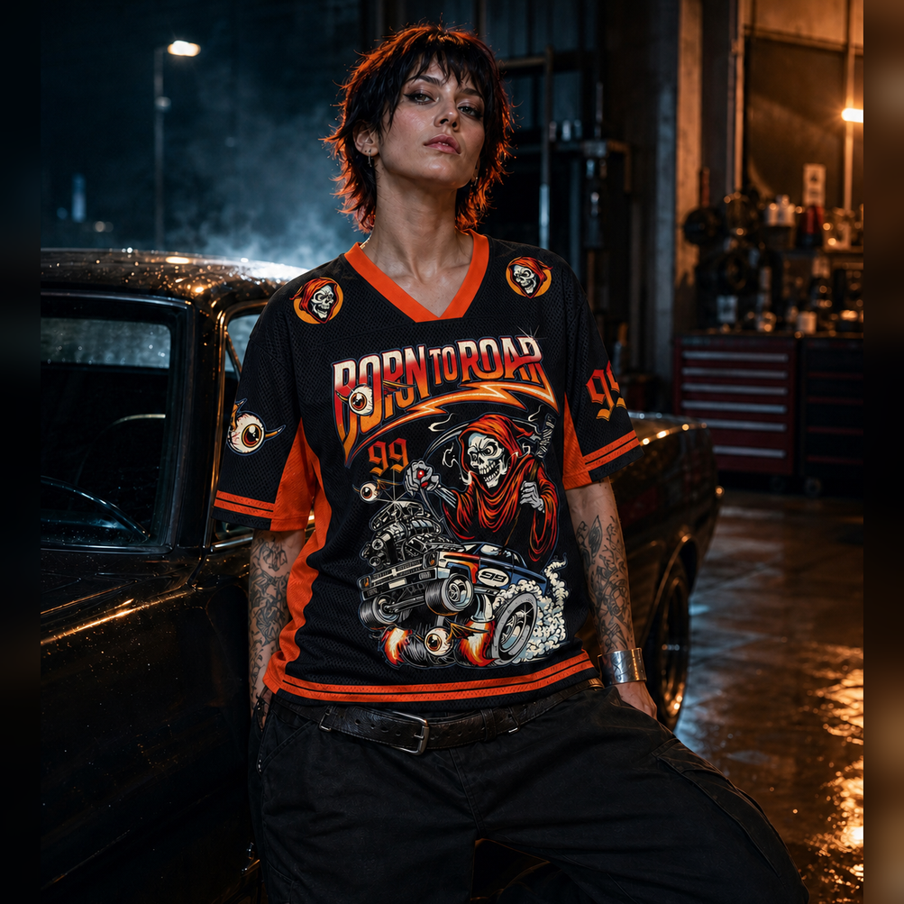 Grim Rider Mesh Jersey worn by a model, showing the lightweight polyester mesh texture