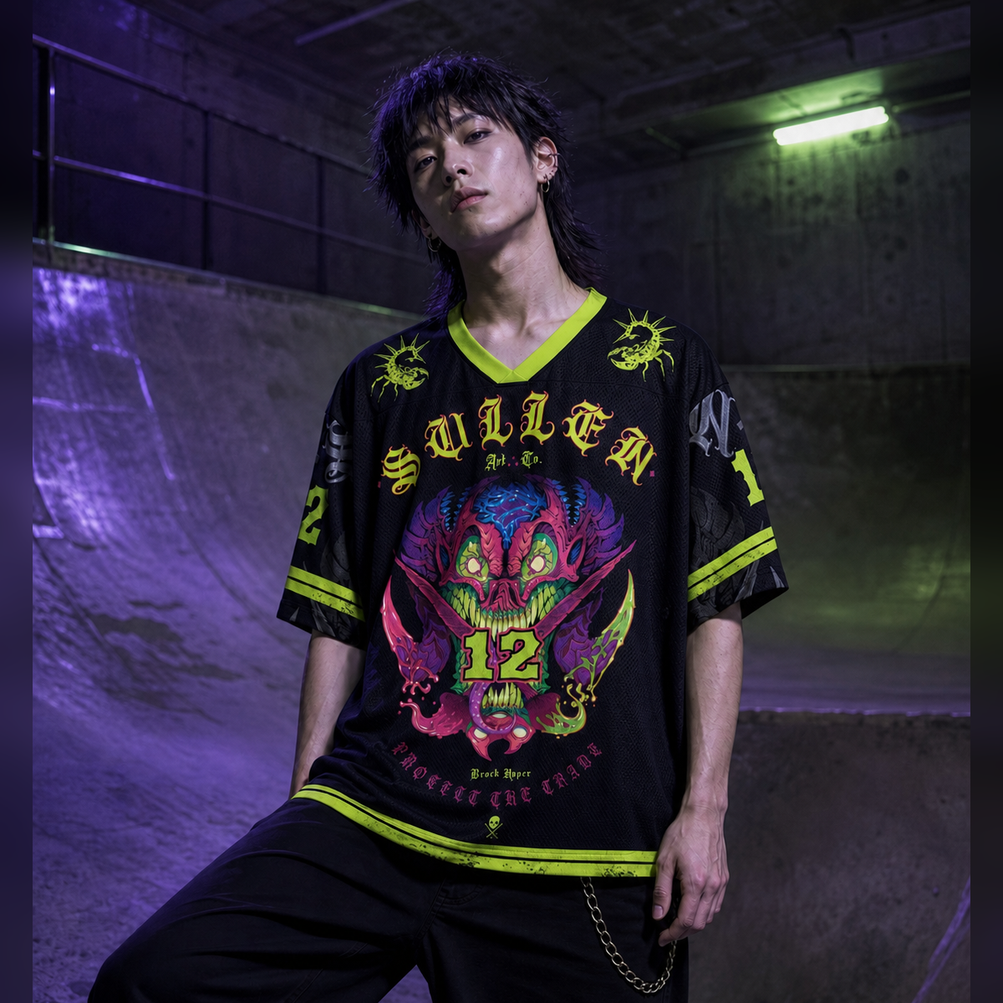Crown of the 12th Abyss Mesh Jersey worn by a model, showing the lightweight polyester mesh texture