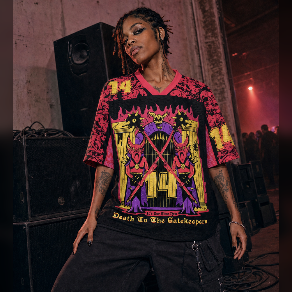 Dead End DJs Mesh Jersey worn by a model, showing the lightweight polyester mesh texture