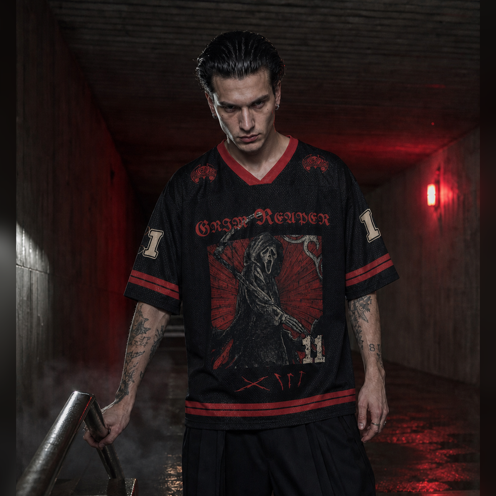 Grim Reaper Jersey Mesh Jersey worn by a model, showing the lightweight polyester mesh texture