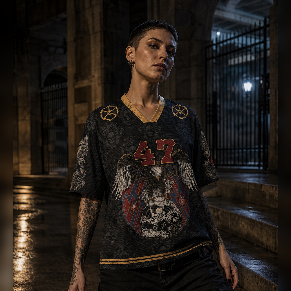 Eagle of the Occult Mesh Jersey worn by a model, showing the lightweight polyester mesh texture