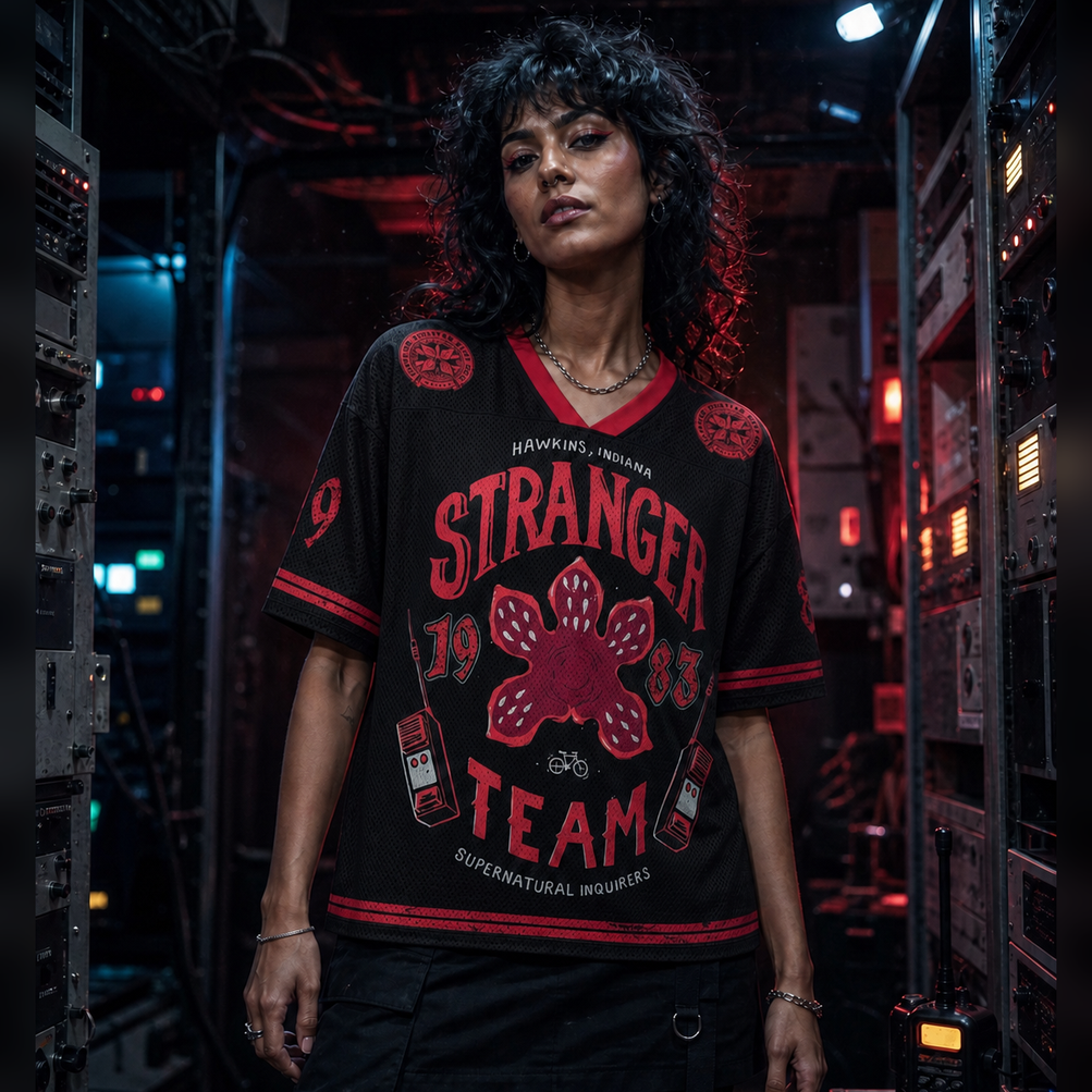 Stranger Team Mesh Jersey worn by a model, showing the lightweight polyester mesh texture