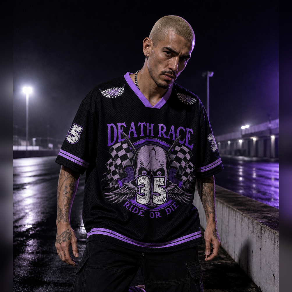 Death Race 35 — Ride or Die Mesh Jersey worn by a model, showing the lightweight polyester mesh texture