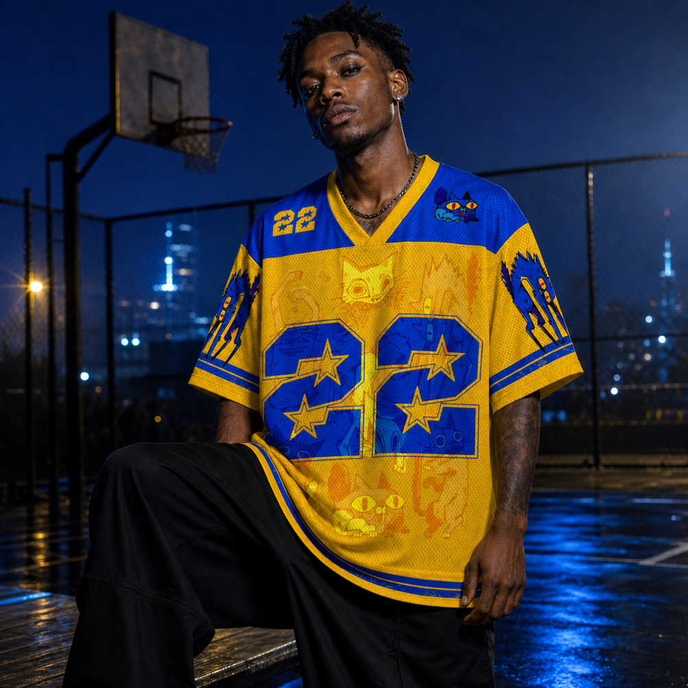 Jersey 22 — Starborn Mesh Jersey worn by a model, showing the lightweight polyester mesh texture