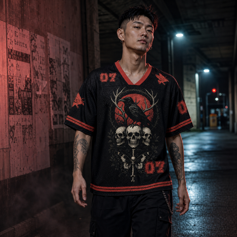 Antlered Requiem Mesh Jersey worn by a model, showing the lightweight polyester mesh texture