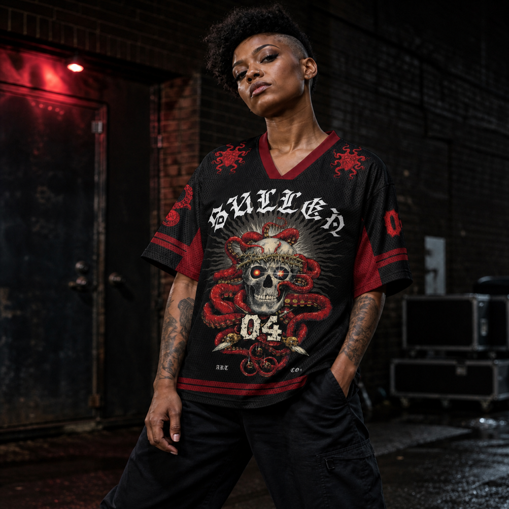 Sullen Art — Skull & Serpent 04 Mesh Jersey worn by a model, showing the lightweight polyester mesh texture