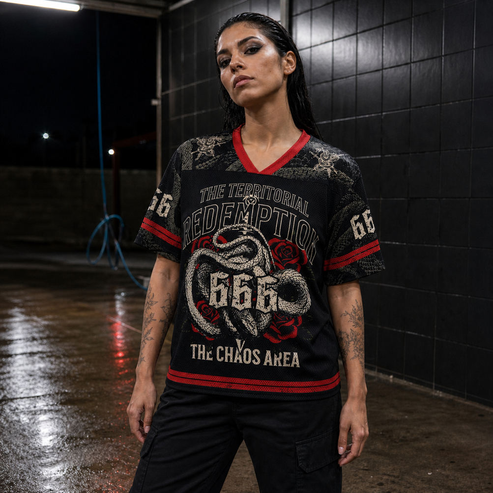 666: The Price of Redemption Mesh Jersey worn by a model, showing the lightweight polyester mesh texture