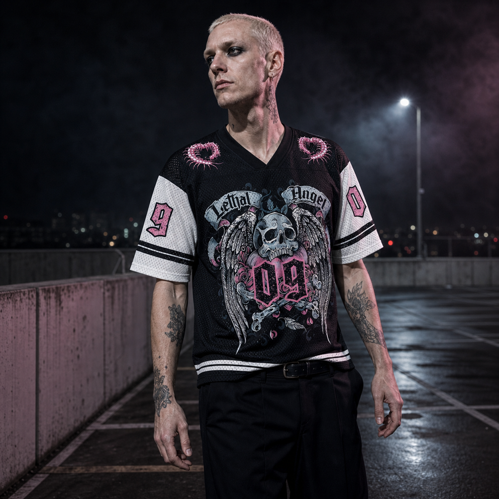 Lethal Angel Mesh Jersey worn by a model, showing the lightweight polyester mesh texture