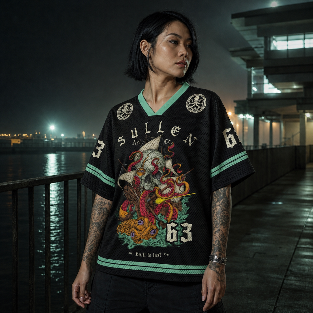 Kraken’s Curse — Jersey 63 Mesh Jersey worn by a model, showing the lightweight polyester mesh texture