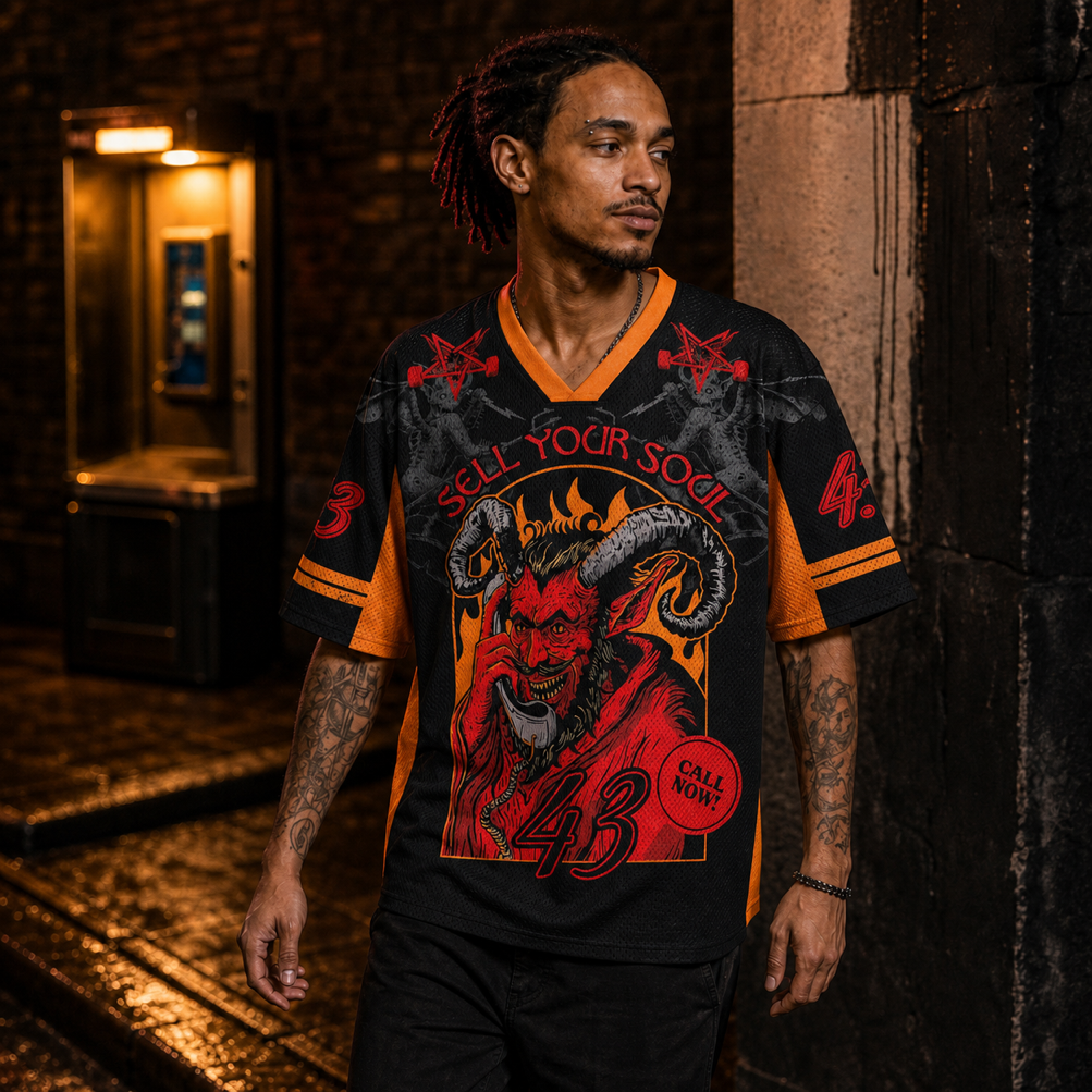 Deal with the Devil #43 Mesh Jersey worn by a model, showing the lightweight polyester mesh texture