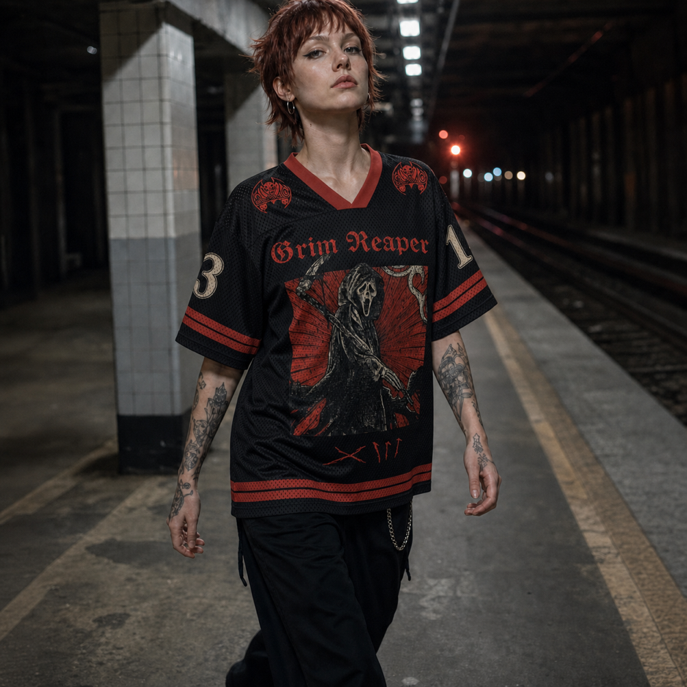 Grim Reaper Jersey Mesh Jersey worn by a model, showing the lightweight polyester mesh texture