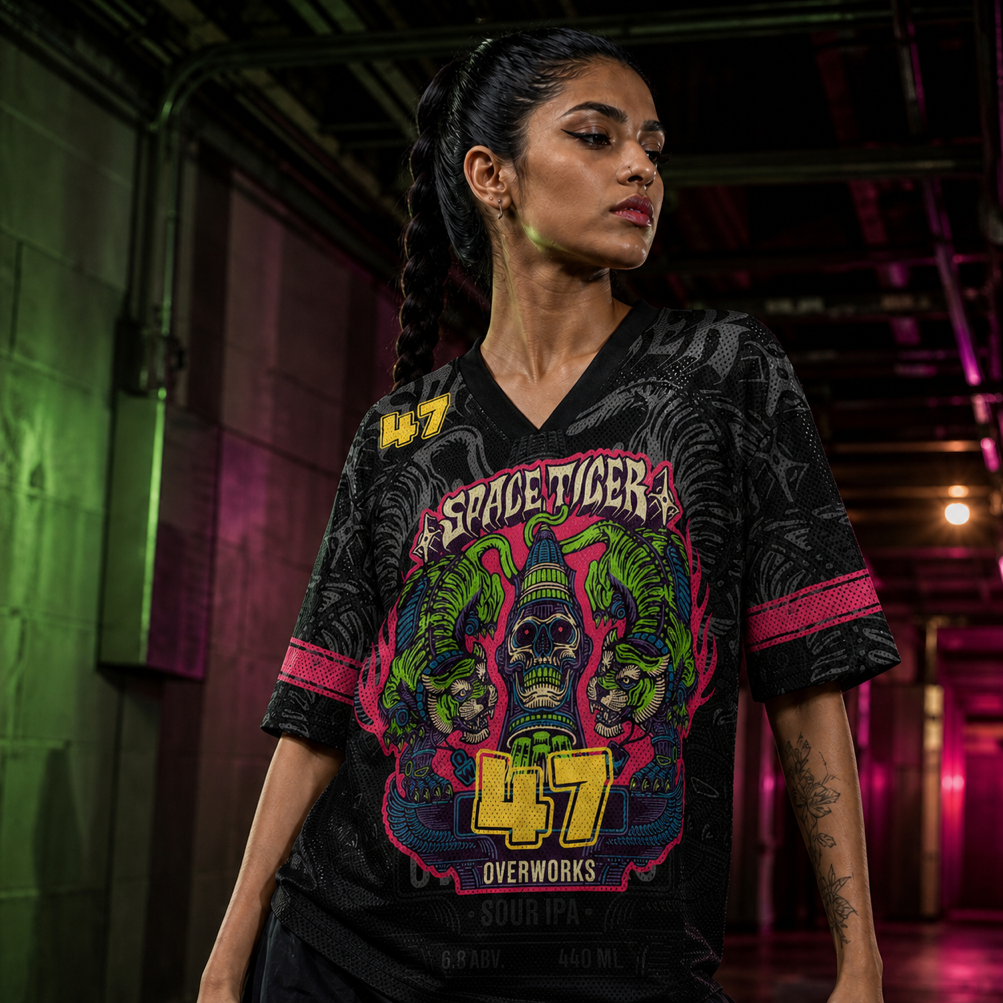 Tiger Overload Mesh Jersey worn by a model, showing the lightweight polyester mesh texture