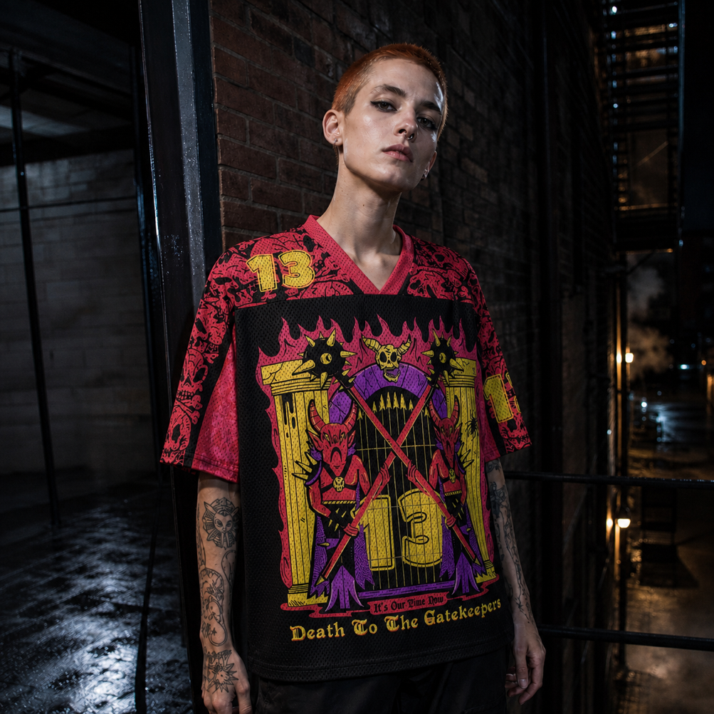 Dead End DJs Mesh Jersey worn by a model, showing the lightweight polyester mesh texture