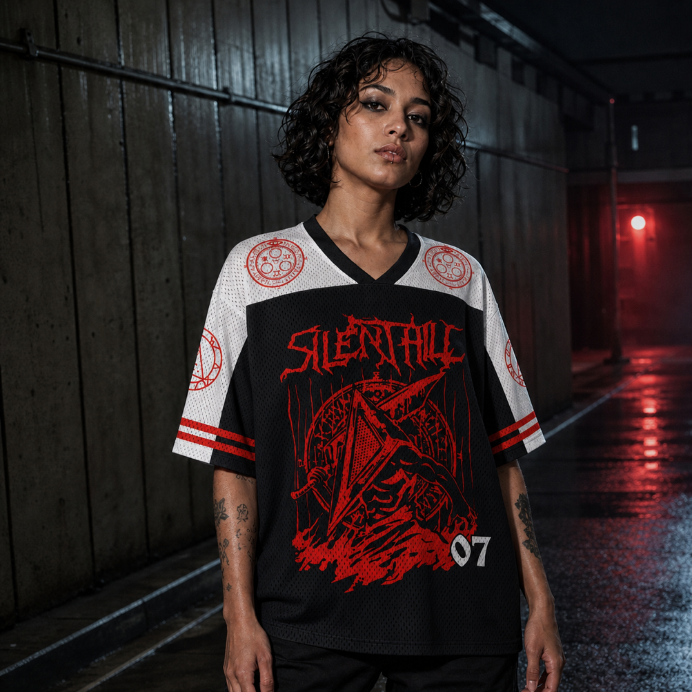 Silent Hill Mesh Jersey worn by a model, showing the lightweight polyester mesh texture
