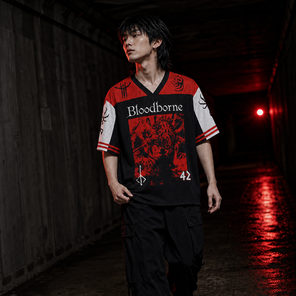 Bloodborne Mesh Jersey worn by a model, showing the lightweight polyester mesh texture