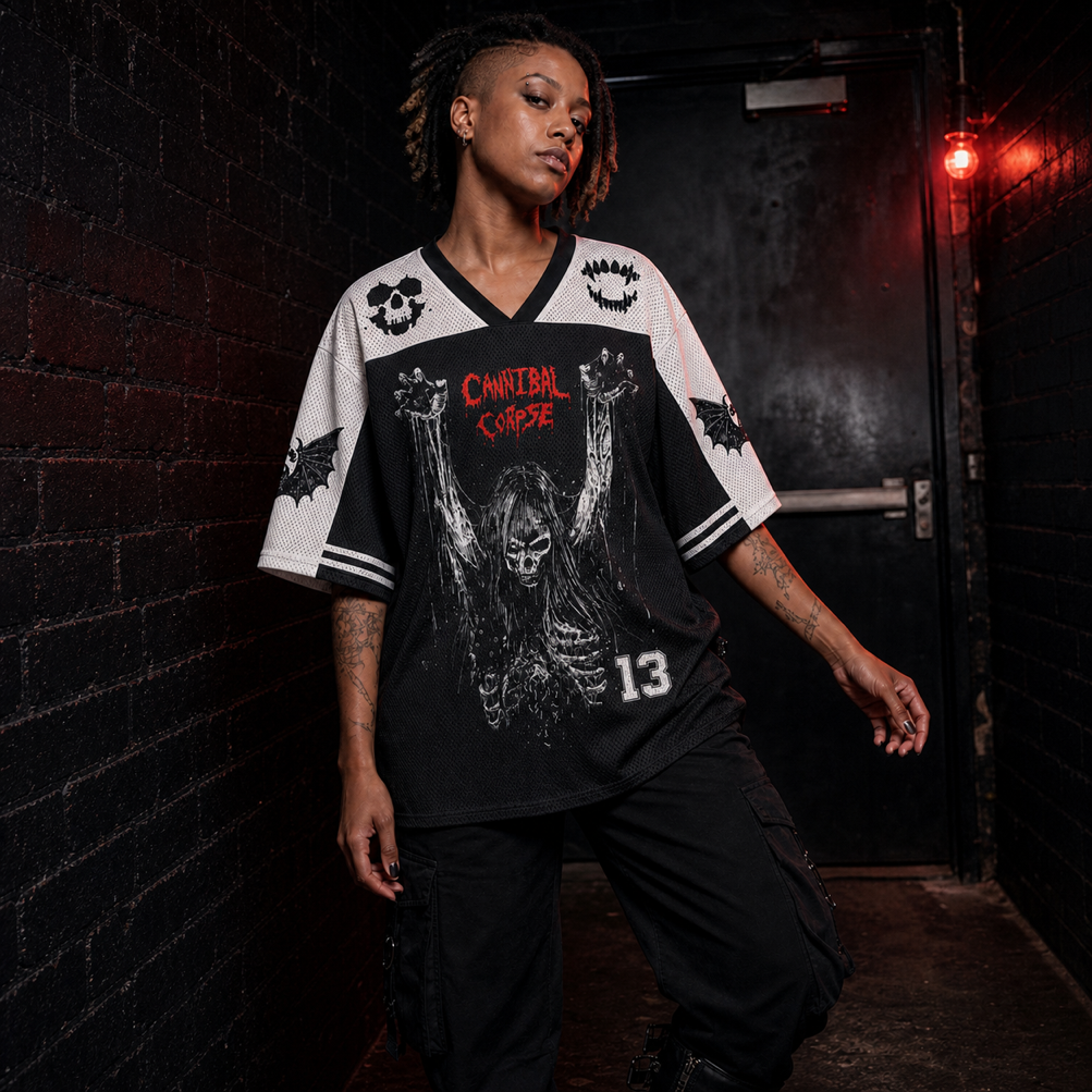 Cannibal Corpse Mesh Jersey worn by a model, showing the lightweight polyester mesh texture