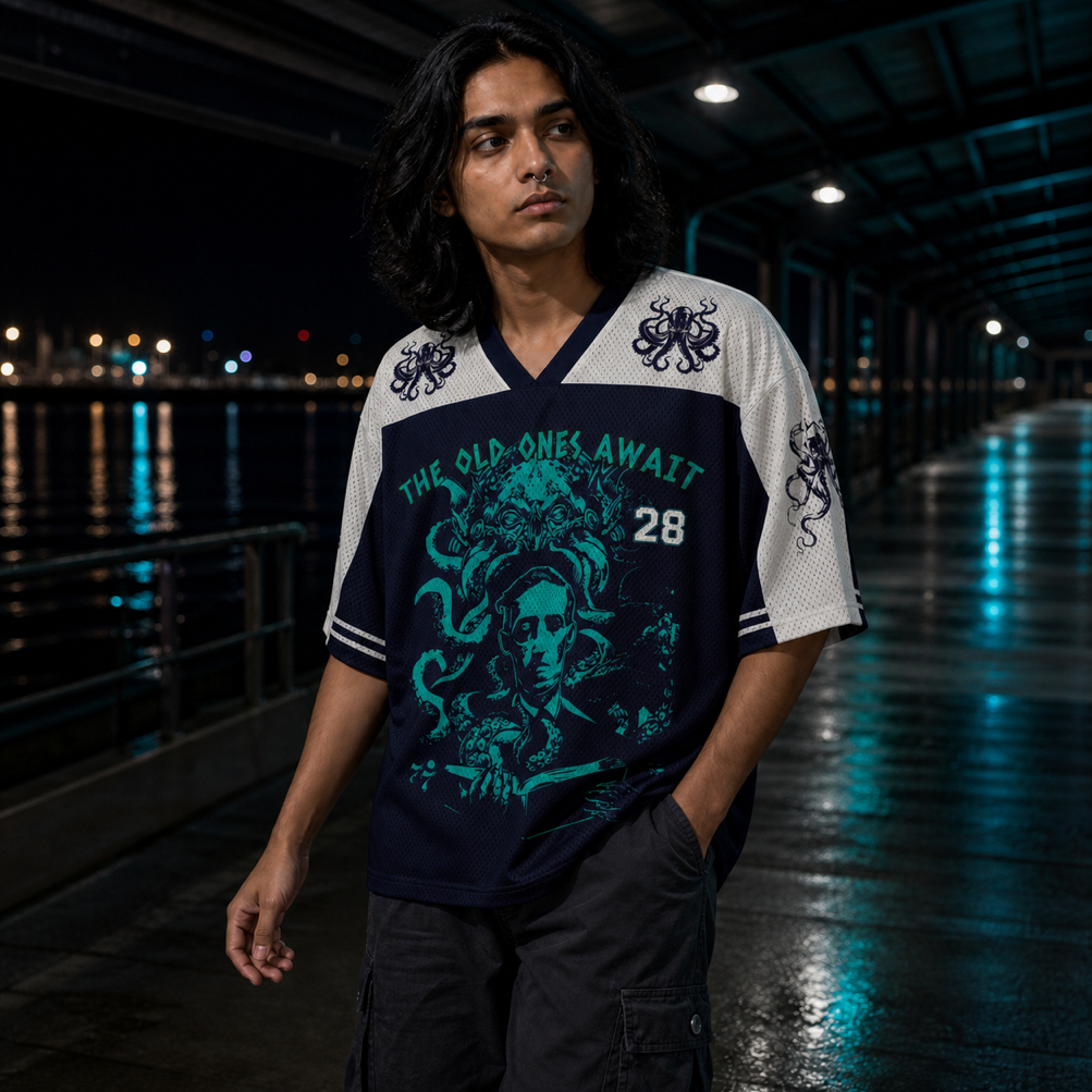 The Old Ones Await Mesh Jersey worn by a model, showing the lightweight polyester mesh texture