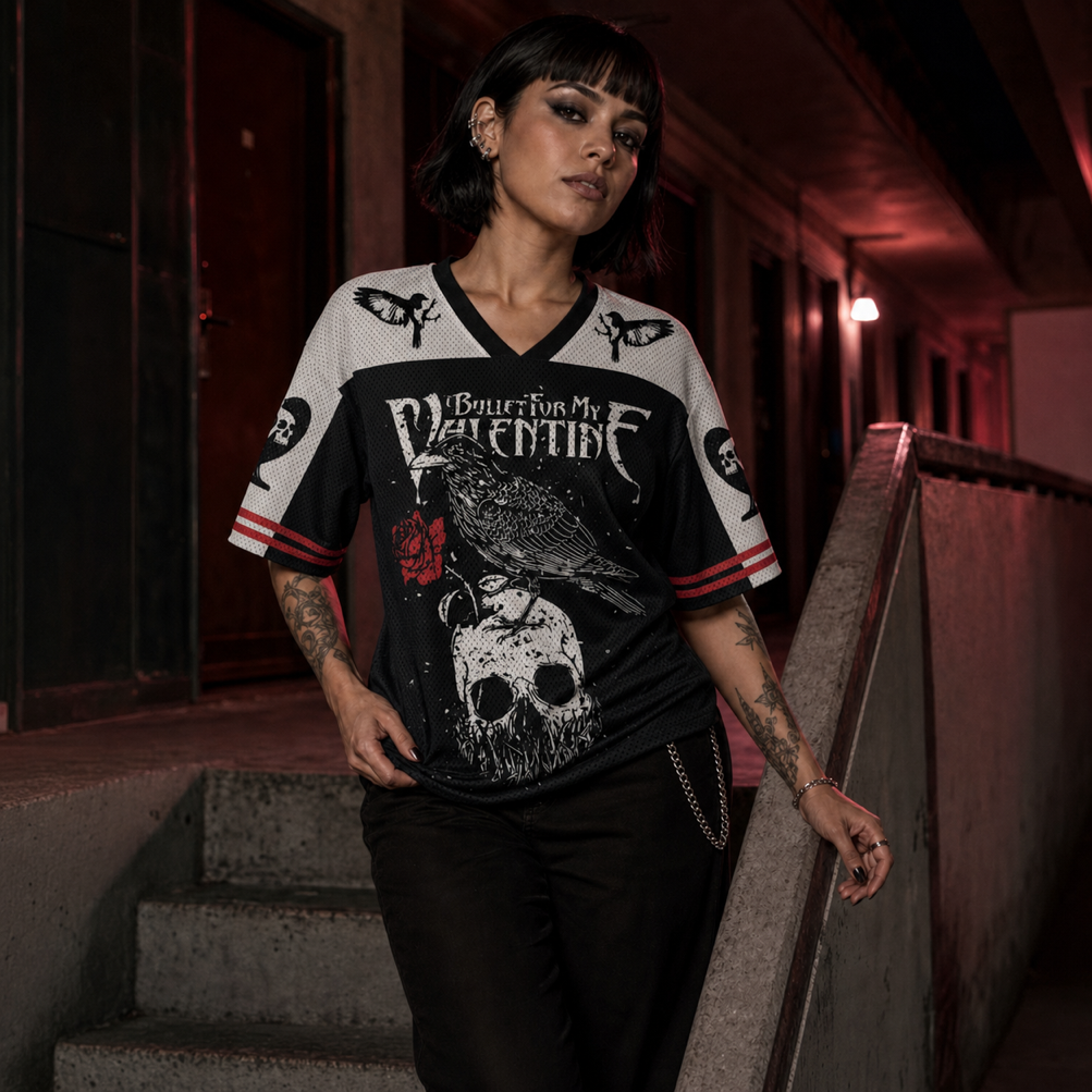 Raven Valentine Mesh Jersey worn by a model, showing the lightweight polyester mesh texture