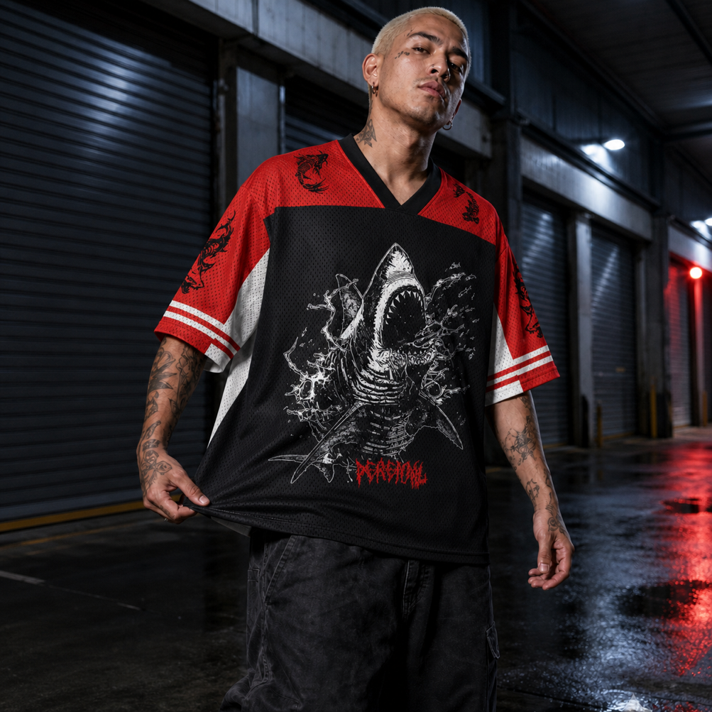 Shark Rampage Mesh Jersey worn by a model, showing the lightweight polyester mesh texture