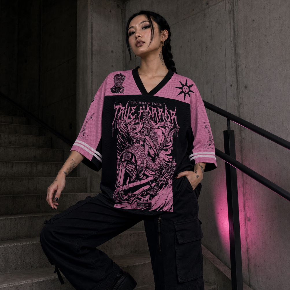 The Valkyrie Mesh Jersey worn by a model, showing the lightweight polyester mesh texture