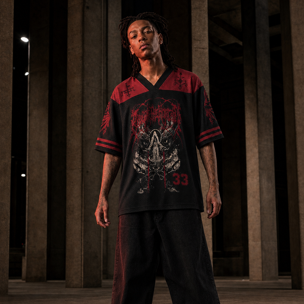 Abyssal Judge Mesh Jersey worn by a model, showing the lightweight polyester mesh texture
