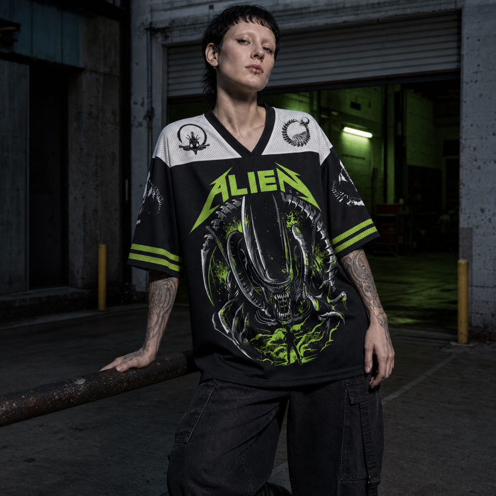 Alien Mesh Jersey worn by a model, showing the lightweight polyester mesh texture