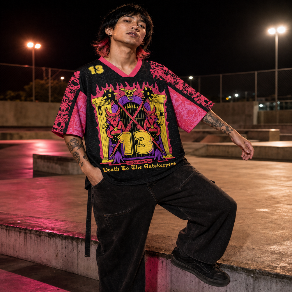 Our Time Now 13 Mesh Jersey worn by a model, showing the lightweight polyester mesh texture