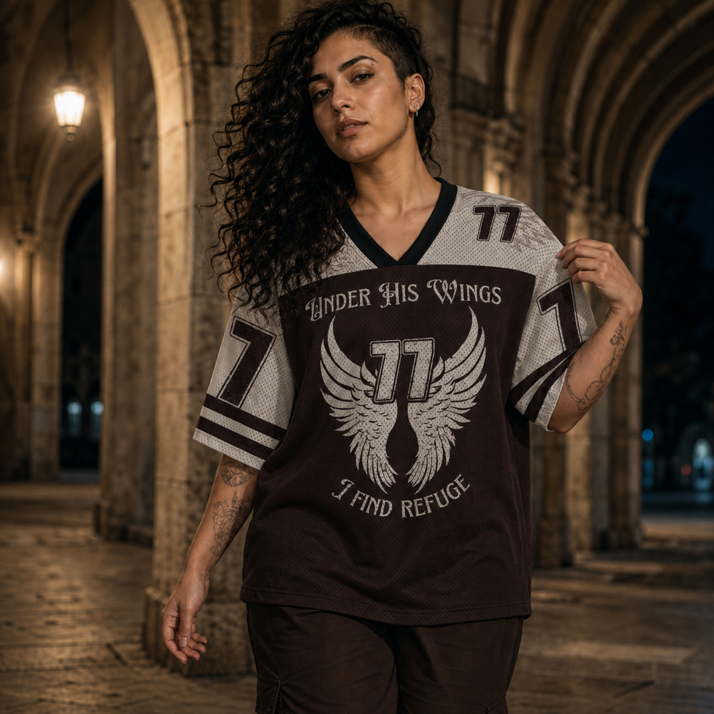 Under His Wings I Find Refuge 77 Mesh Jersey worn by a model, showing the lightweight polyester mesh texture