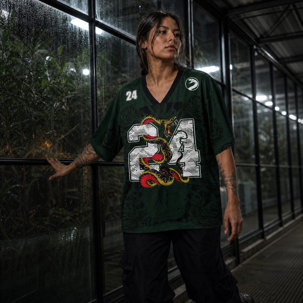 Coiled Serpent 24 Mesh Jersey worn by a model, showing the lightweight polyester mesh texture