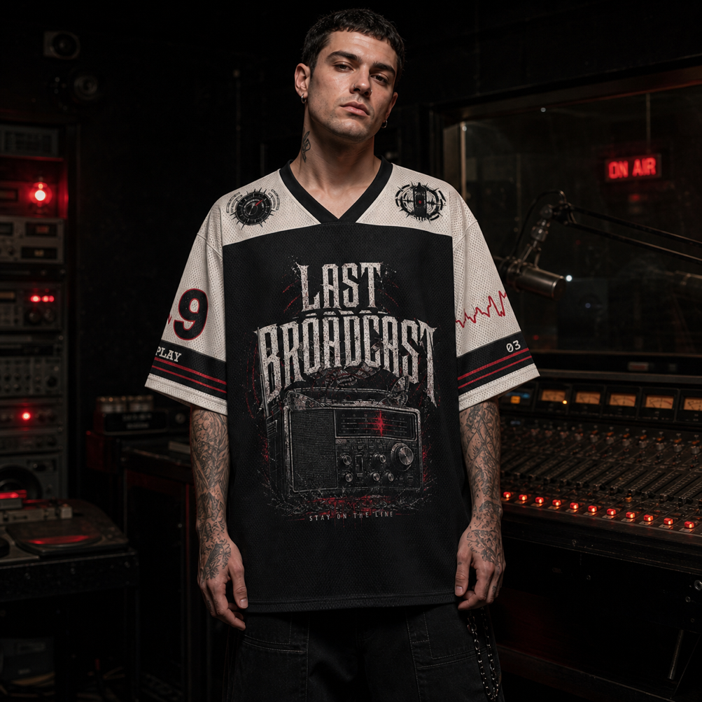 Last Broadcast Radio Mesh Jersey worn by a model, showing the lightweight polyester mesh texture
