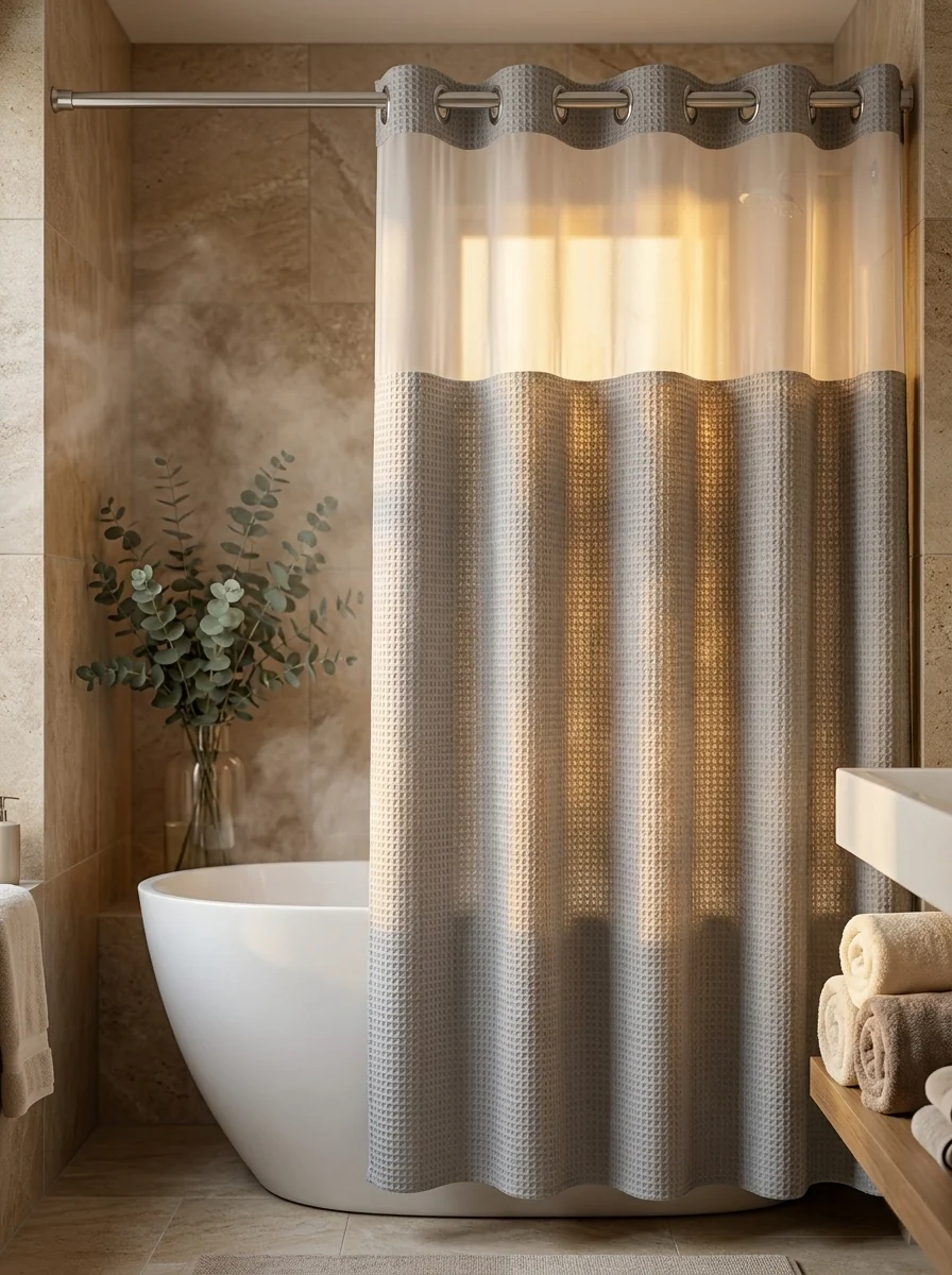 🔥🚿Waterproof and mildew-resistant No Hook Shower Curtain with Snap in Liner