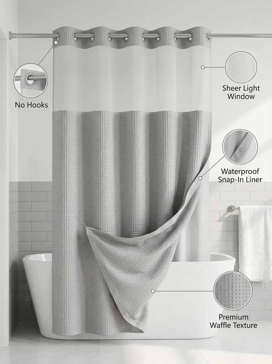 🔥🚿Waterproof and mildew-resistant No Hook Shower Curtain with Snap in Liner