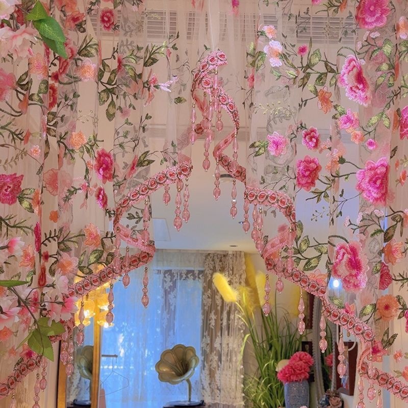 Embroidered Beaded Door Curtain, Boho Floral Hanging Drapery Home Decor