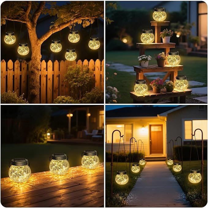 Solar Powered Hanging Lights Cracked Glass Hanging Globes for Christmas Decoration, Shepherd Hook, Garden Tree Ornaments
