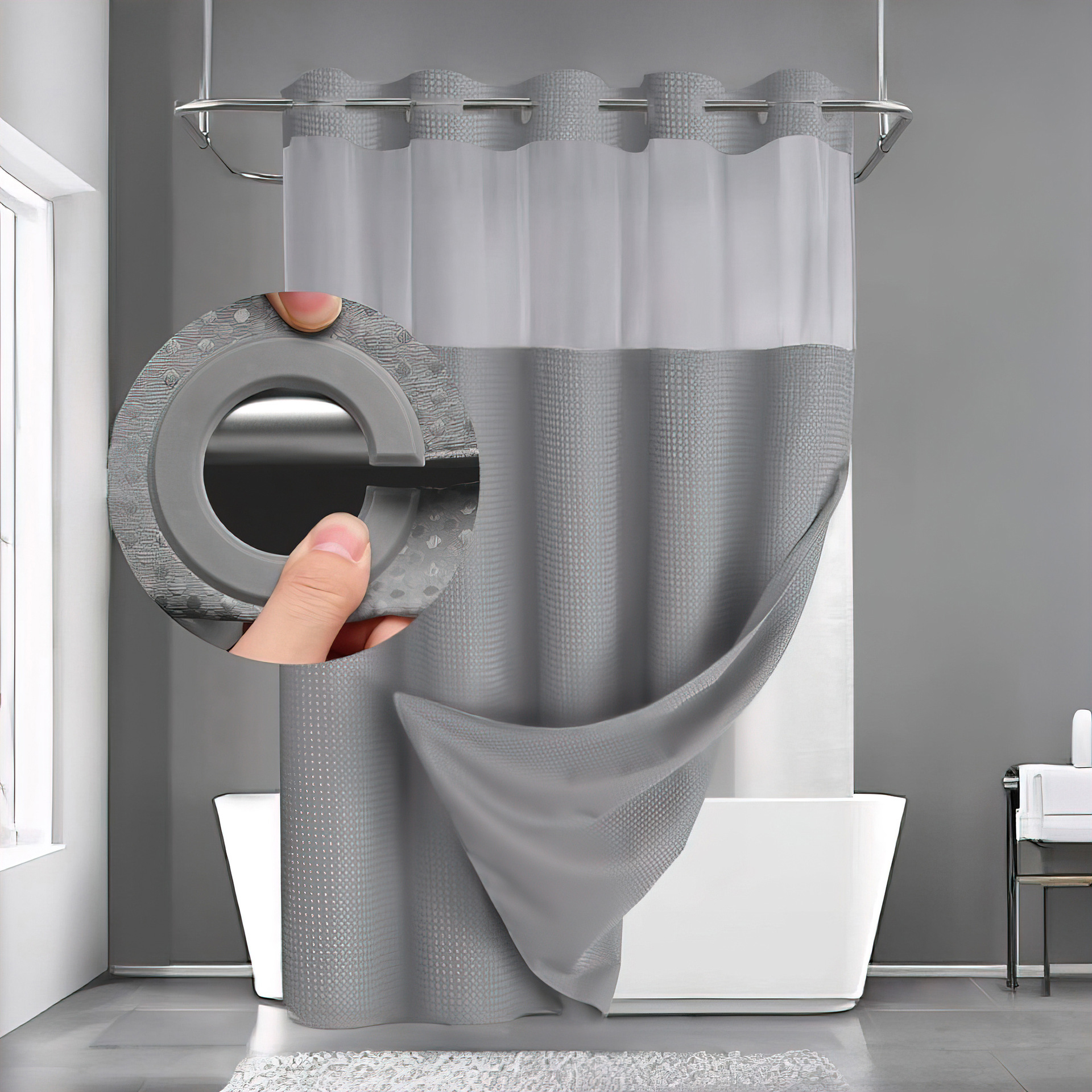 🔥🚿Waterproof and mildew-resistant No Hook Shower Curtain with Snap in Liner